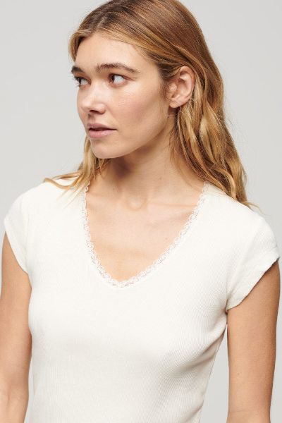 Superdry Lace Trim V Tee White