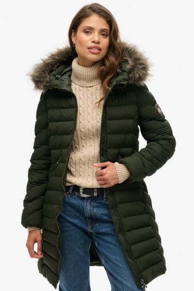 Superdry Fuji Faux Fur Hood Mid Length Green