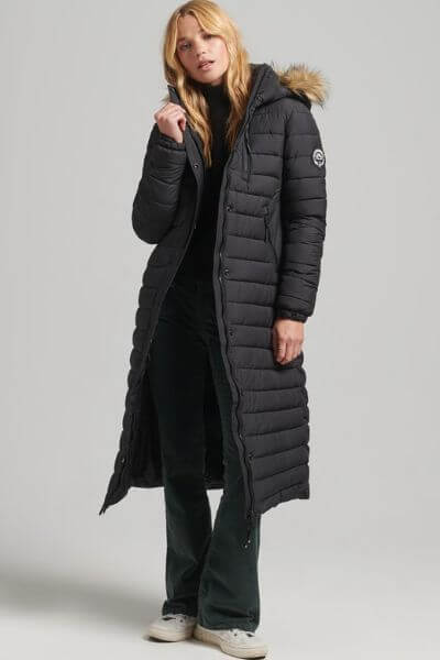 Superdry Faux Fur Hooded Longline Coat Black