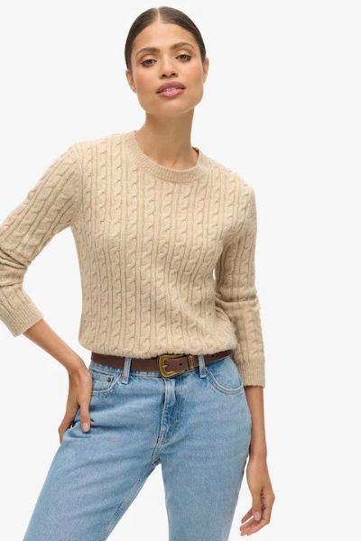 Superdry Fitted Cable Crew Neck Jumper Beige