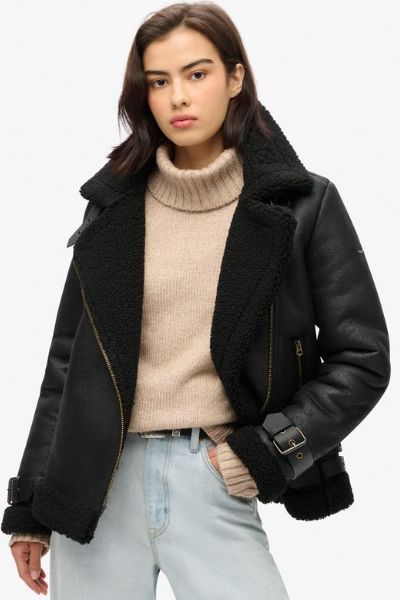 Superdry Faux Shearling Aviator Jacket Black